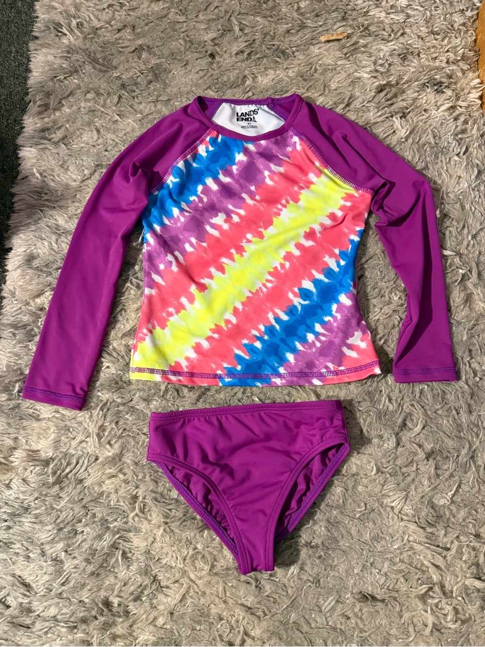 Lands' End Purple Long-Sleeve Tie-Dye Kids Rash Guard Set